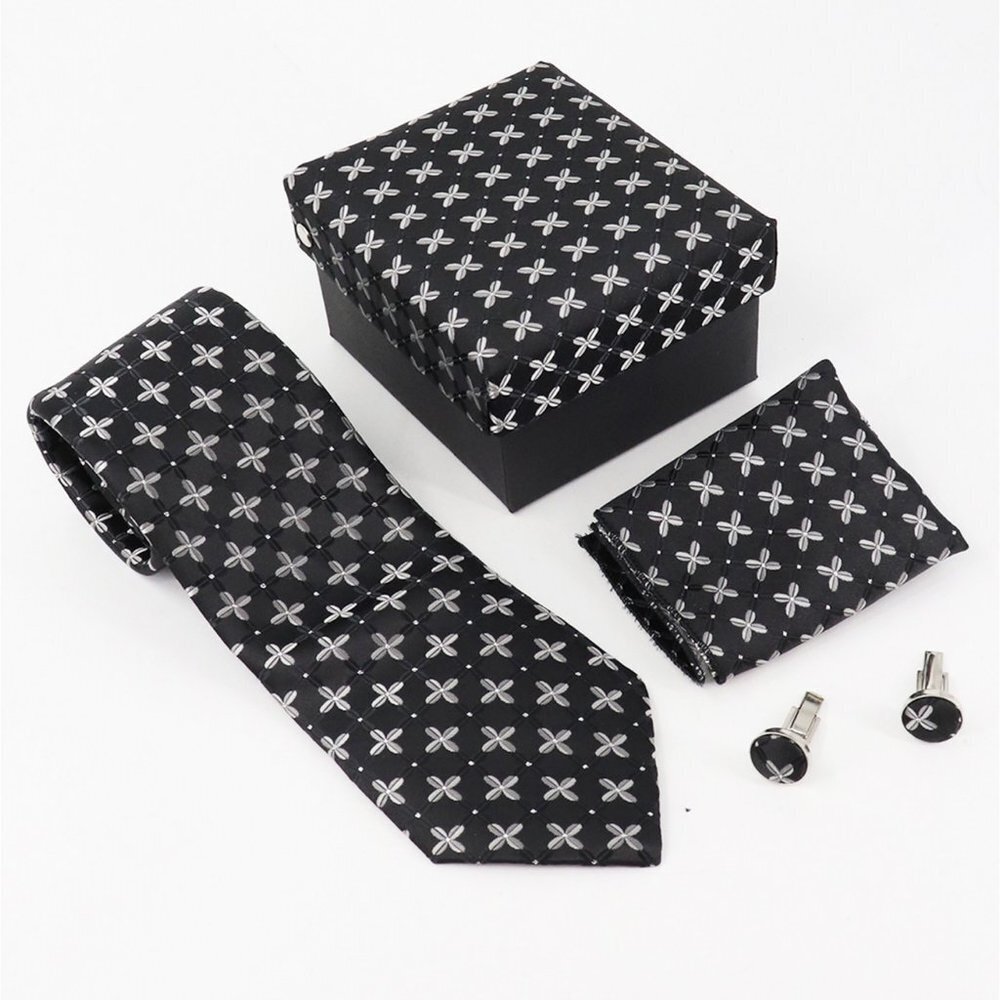 3Pc Boxed Gift Tie Set Coordinated Print Cuff Links Pocket Square